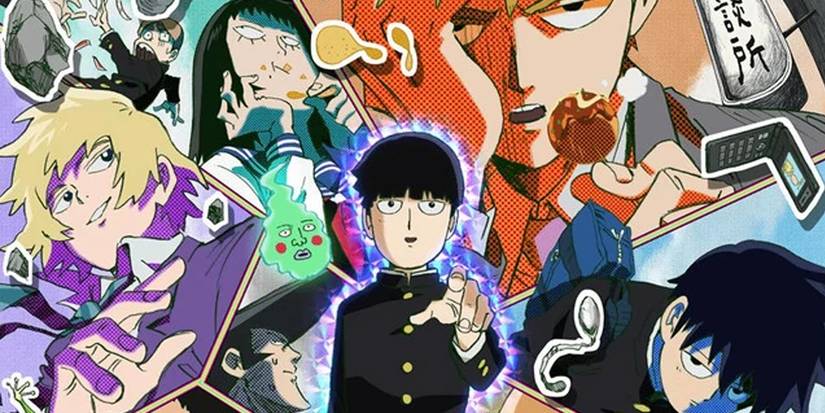 Collage of characters from Mob Psycho with Mob standing in front and using his powers next to Dimple.