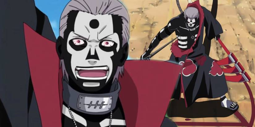 Image of Naruto Shippuden character Hidan from Akatsuki covered in black markings with an exciting and blood thirsty look on his face. In the background he's standing in a blood circle for his Blood ritual.