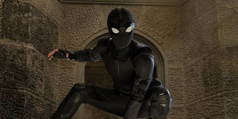 Peter as Night Monkey crouched on a building in Spider-Man: Far From Home