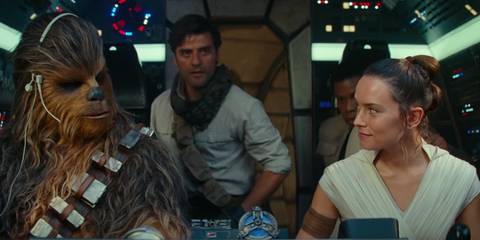 Poe, Chewbacca, and Rey in the Falcon in Rise of Skywalker