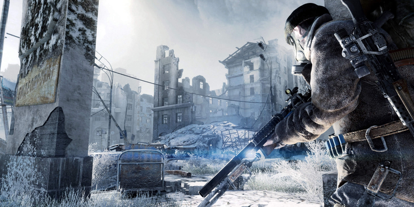 Ranger wandering a snowy environment with ruined buildings in Metro 2033.