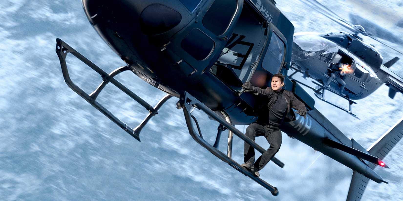 Tom Cruise pendurado em um helicóptero em Missão: Impossível - Efeito Fallout