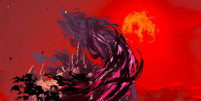 Artwork of Calamity Ganon surrounding Hyrule Castle in front of a background showing Breath of the Wild's Blood Moon.