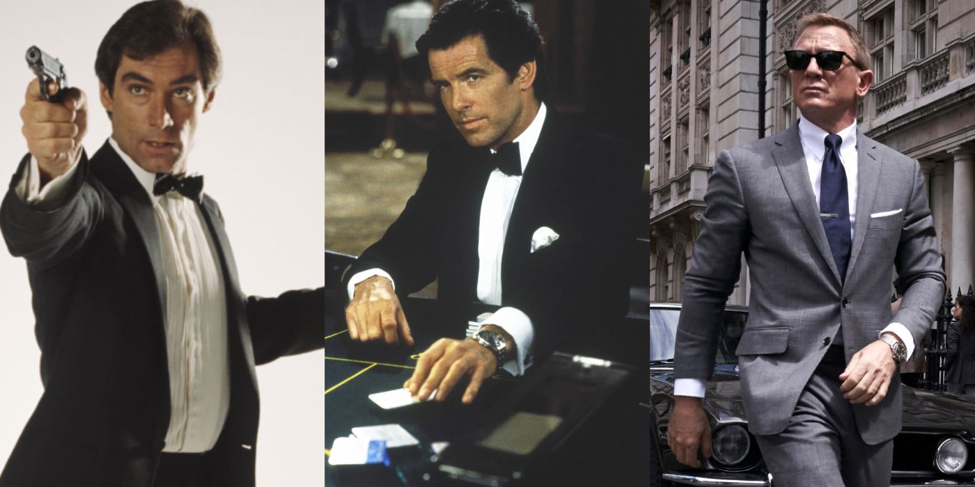 A split image of Timothy Dalton, Pierce Brosnan, and Daniel Craig from the 007 franchise