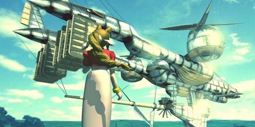 Aerith looking up at the Highwind in key art for the original Final Fantasy VII.