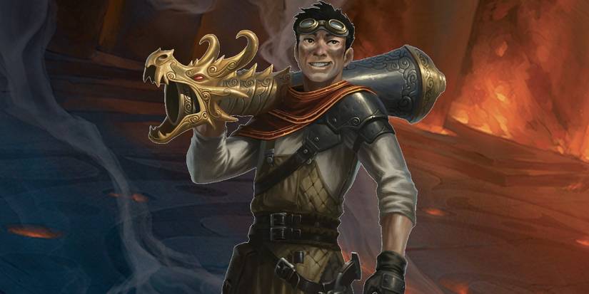 Artificer Artillerist character holding a canon with the metal head of a dragon on the end with a fiery background.
