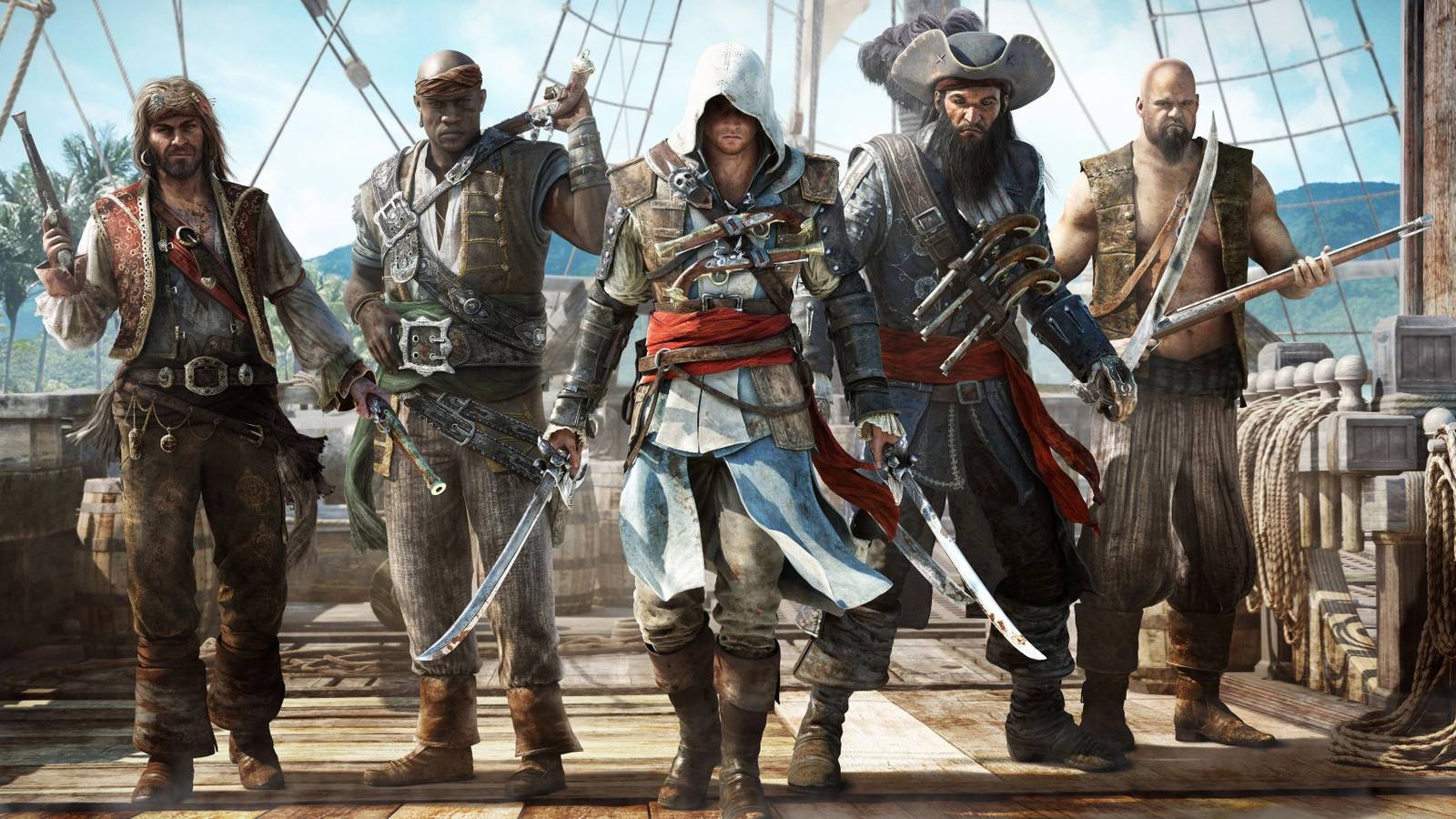  Black Flag's Edward Kenway wielding two swords, surrounded by four other pirates on a ship's deck.