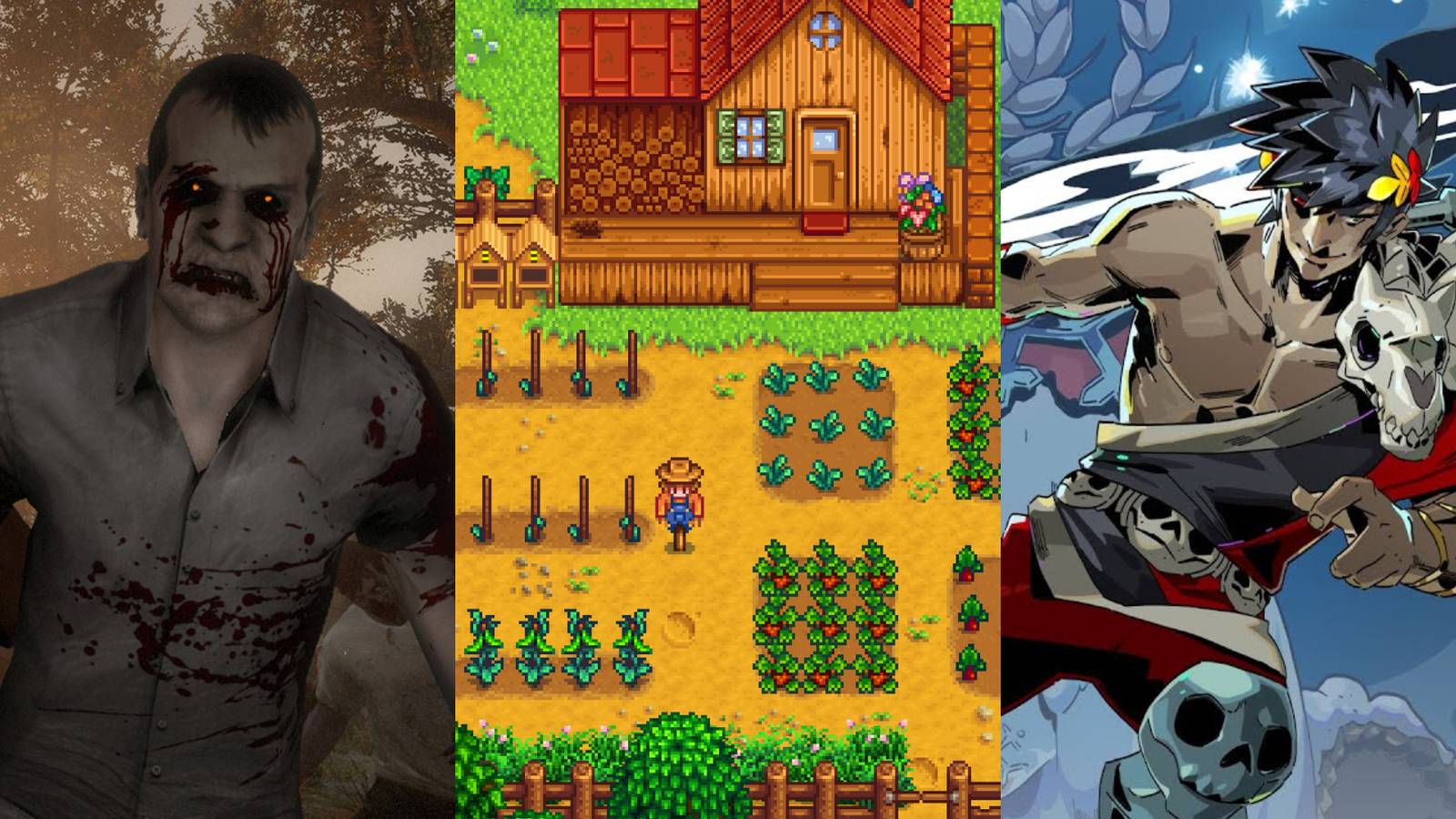 Stills from Left 4 Dead, Stardew Valley, and Hades