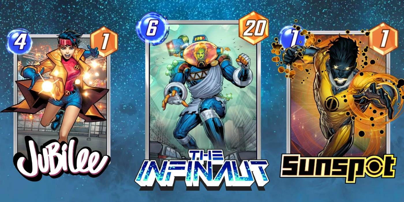 Marvel Snap The Infinaut, Jubilee e Sunspot Cards na frente de fundos espaciais com valores de energia/potência exibidos