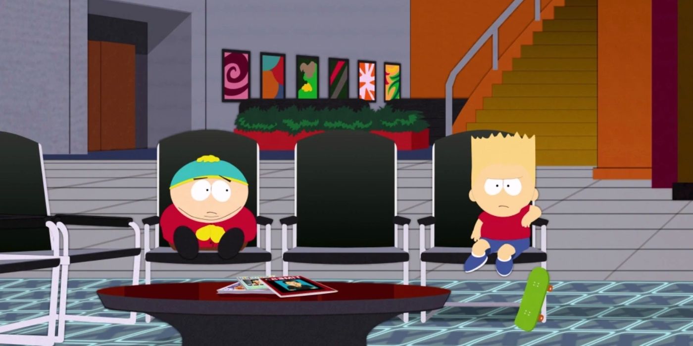 Cartman sits in a waiting room with Bart Simpson in South Park