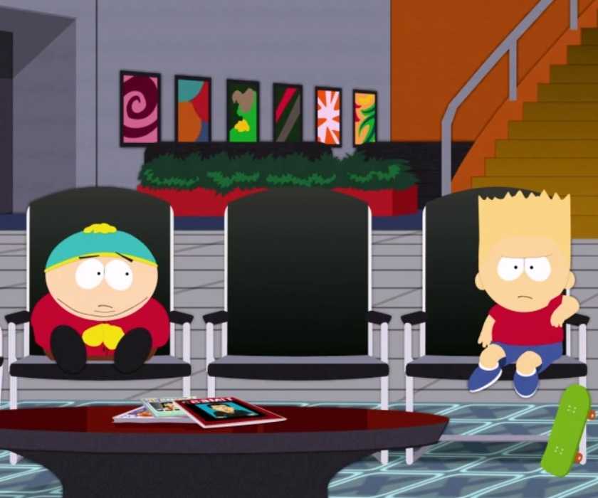 Cartman sits in a waiting room with Bart Simpson in South Park