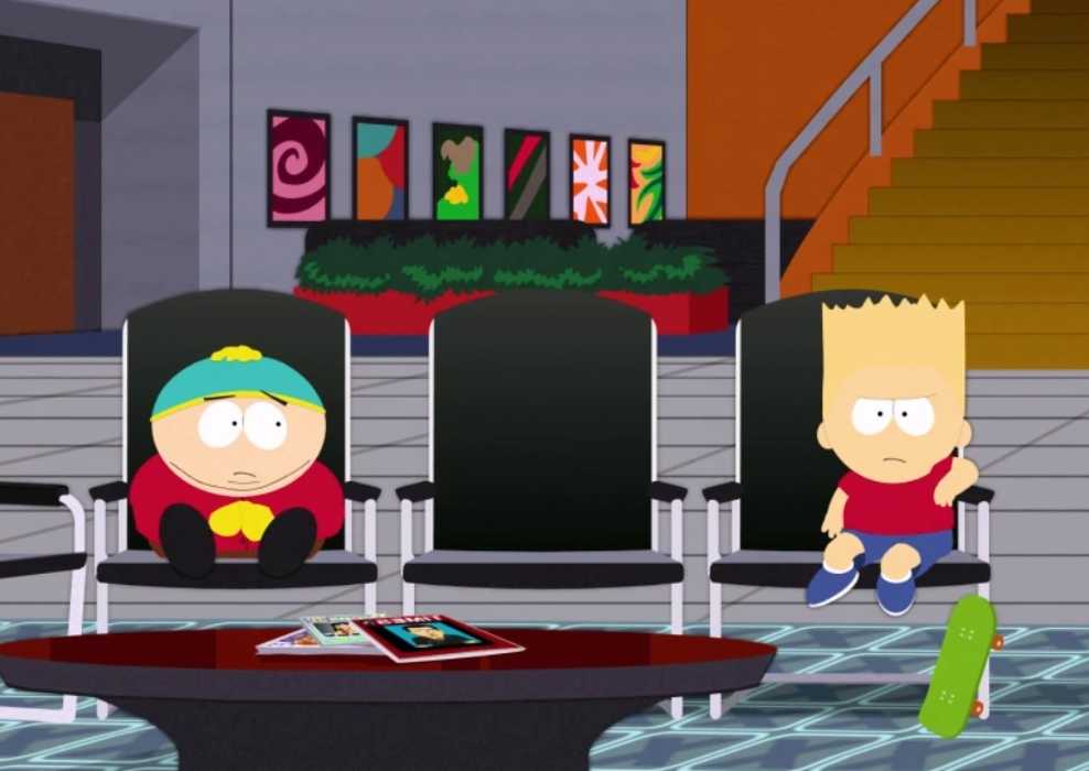 Cartman sits in a waiting room with Bart Simpson in South Park