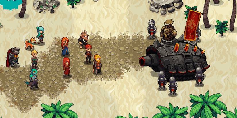 Party Members in Chained Echoes looking at foes operating a machine.