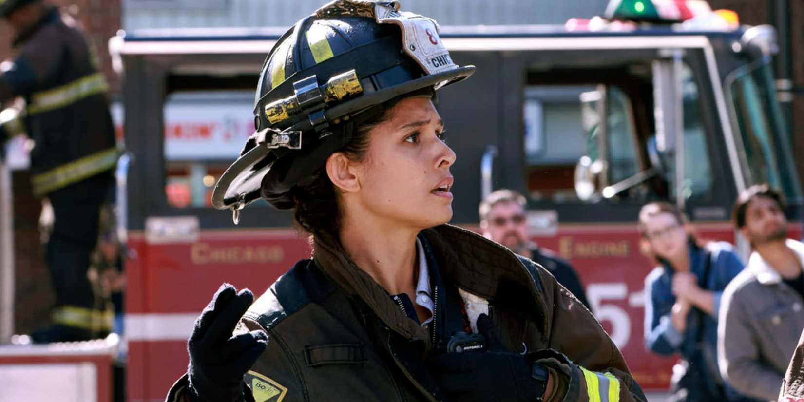 Stella Kidd in full firefighter uniform looking at something in growing horror in Chicago Fire season 11
