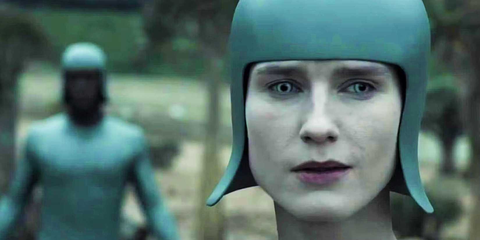 Close up of Amanda Collin as Mother Lamia looking serious in Raised by Wolves