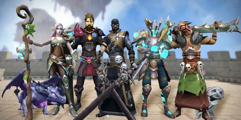 A group of five characters standing in a sun-lit area in Runescape.