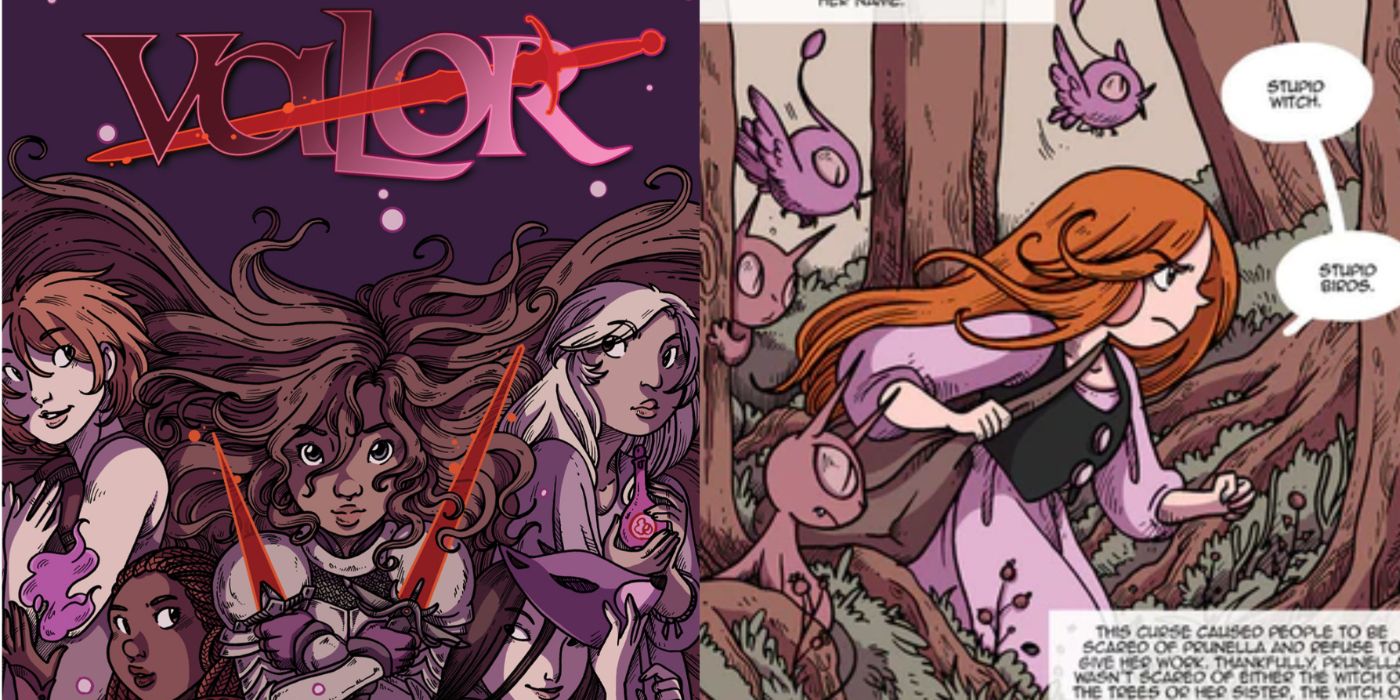 Capa da graphic novel Split Image Valor, garota andando pela floresta com balões de fala