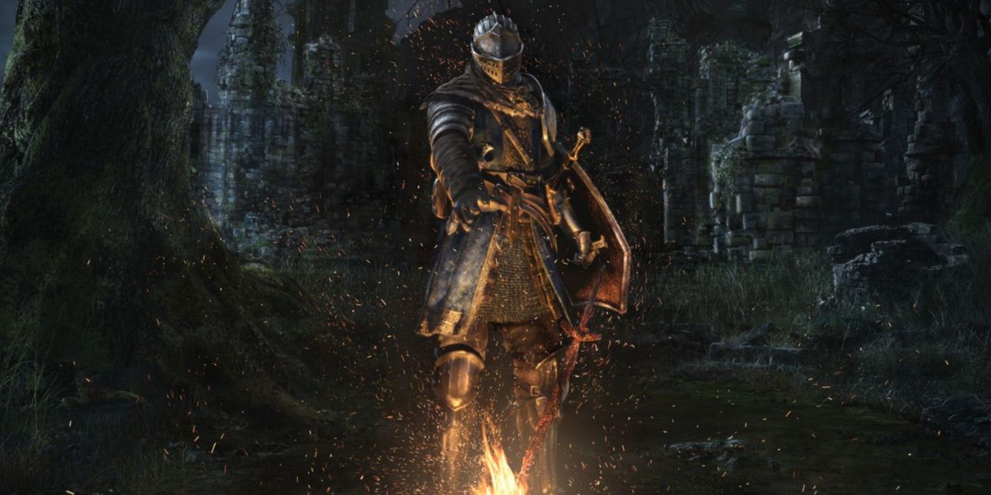 The Chosen Undead kindling a bonfire in Dark Souls: Remastered key art.
