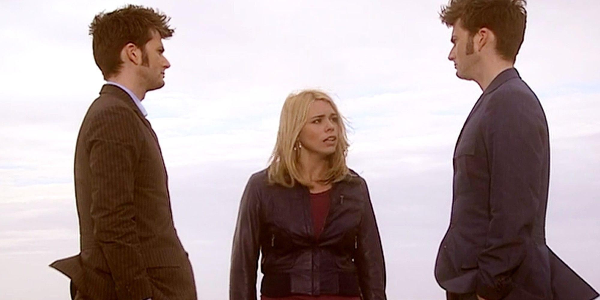 Billie Piper as Rose Tyler and David Tennant as The Tenth Doctor and the Meta-Crisis Doctor on Bad Wolf Bay in Doctor Who