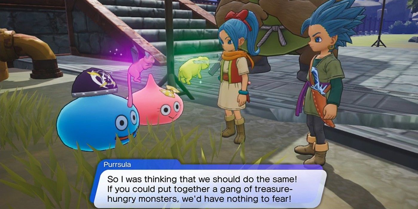 Erik e Mia com slimes em Dragon Quest Treasures.