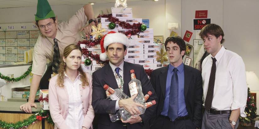 Dwight, Pam, Michael, Ryan, and Jim in “Christmas Party” (S2, E10) of The Office