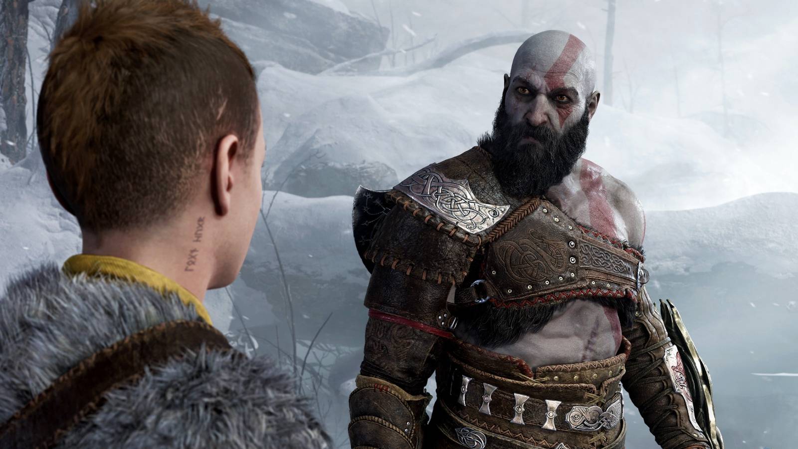 Image of Kratos staring impatiently at Atreus.