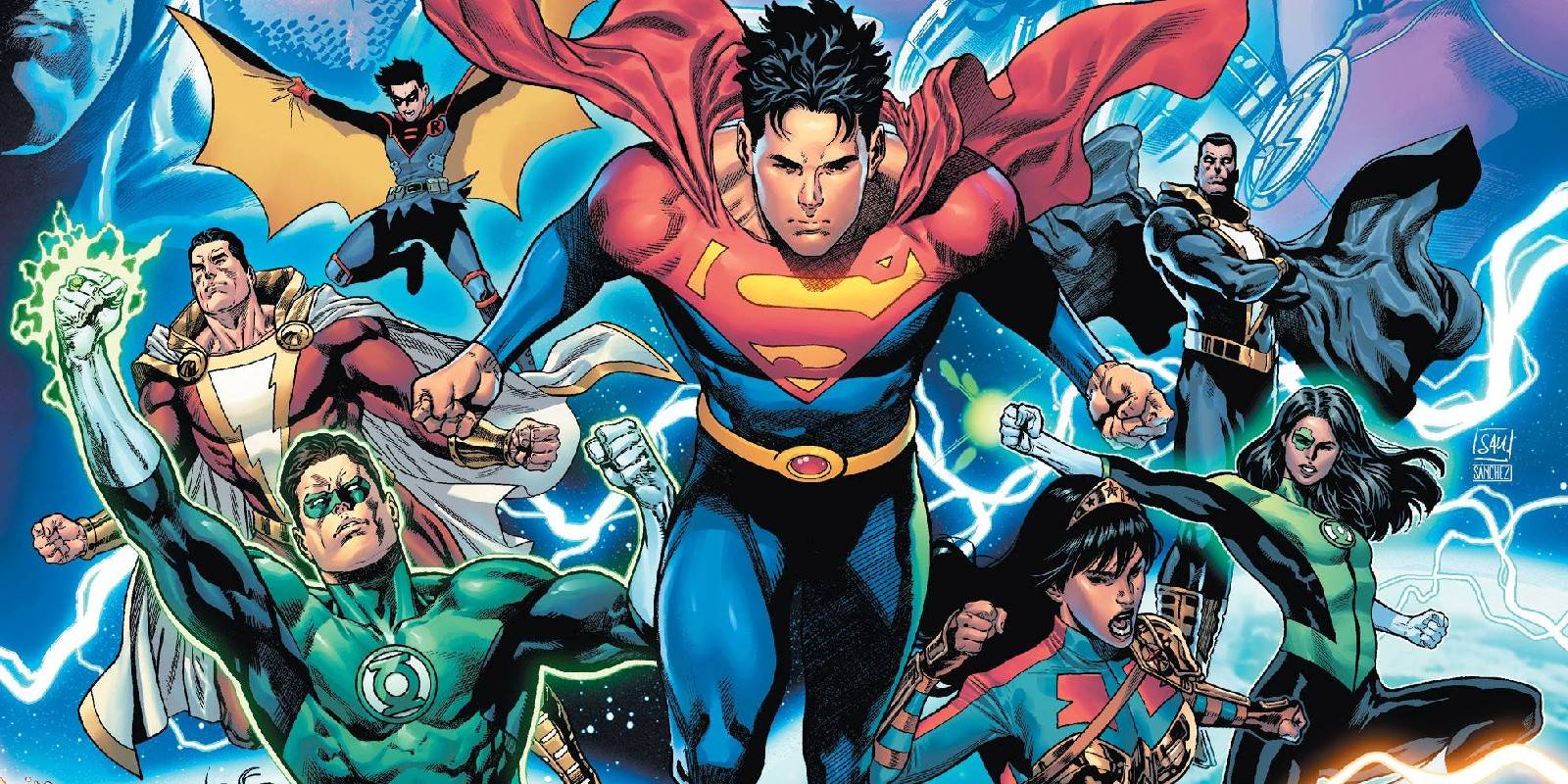 Gruppenaufnahme von DC Comics-Superhelden, die den modernen amerikanischen Comic-Kunststil mit dynamischer Komposition und lebendigen Farben zeigt