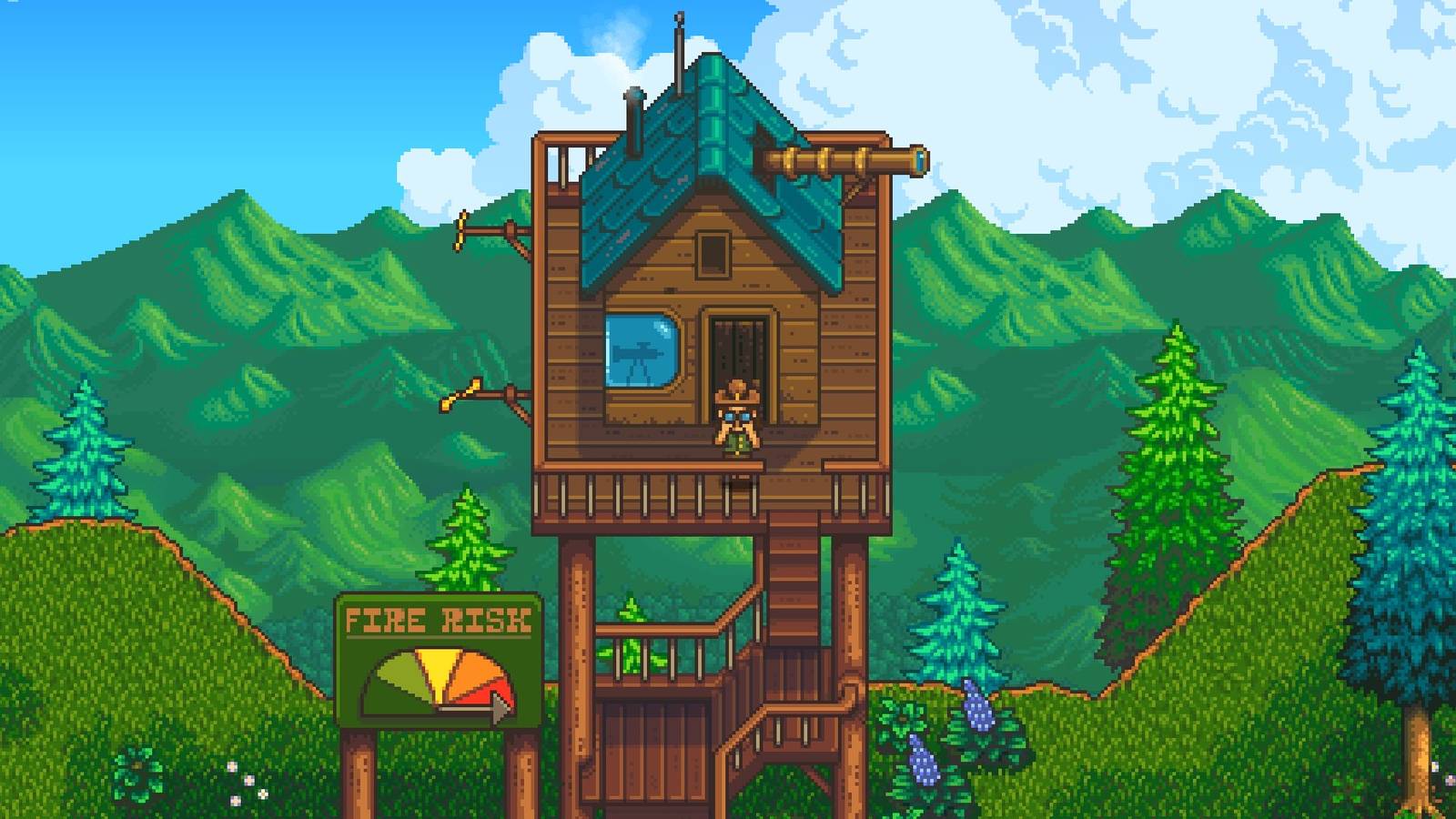 Haunted Chocolatier lookout tower showing a man observing through binoculars, a Fire Risk sign, and a forest backdrop.