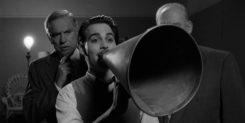 Johnny Depp as Ed Wood speaking through a megaphone in Tim Burton's Ed Wood