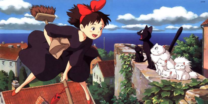 A screenshot of Kiki flying on her broomstick in Kiki's Delivery Service