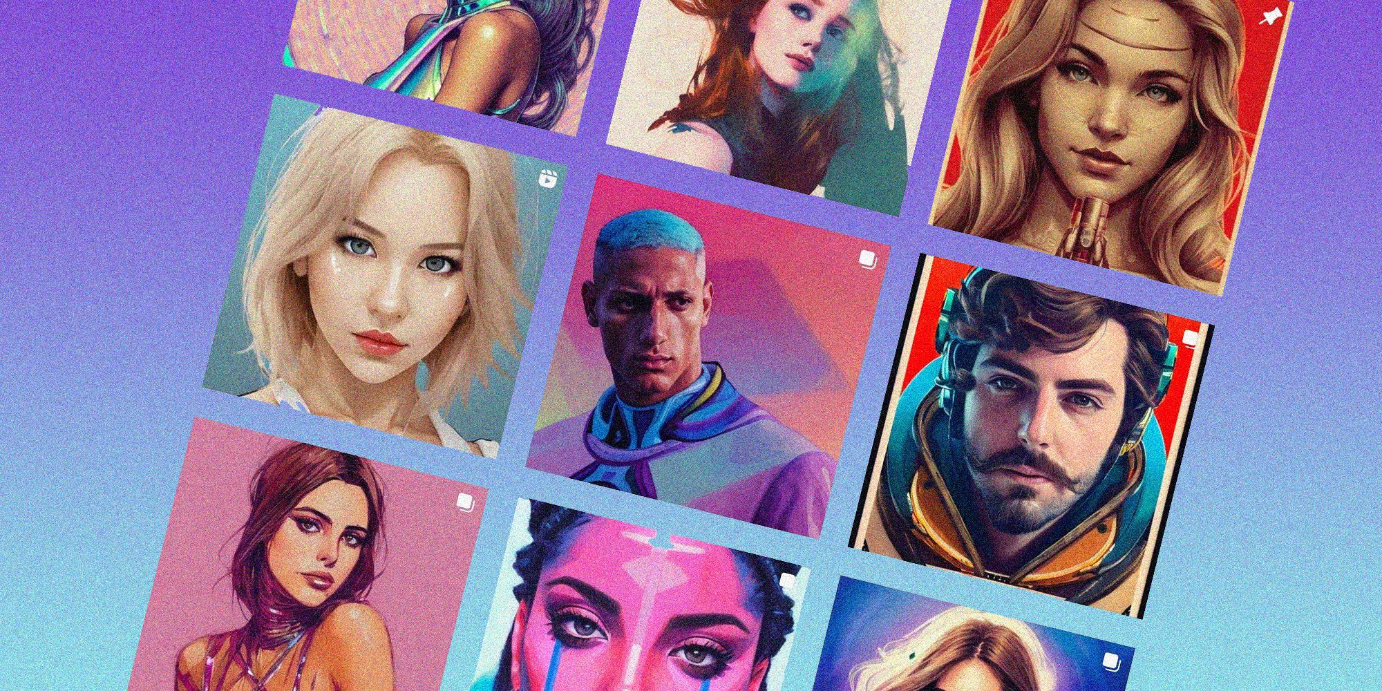 Lensa AI Instagram Feed de perfil em um fundo gradiente azul e roxo granulado