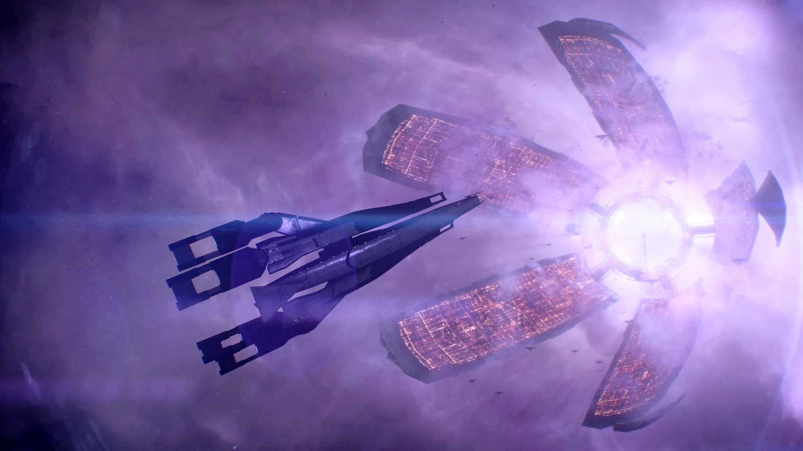 Image of the Normandy flying down into the massive arms of the Citadel space station.