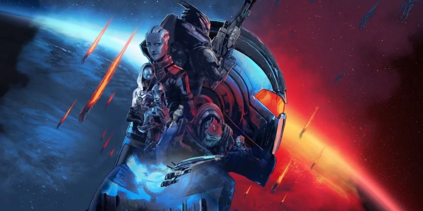 Arte promozionale di Mass Effect Legendary Edition con cast principale
