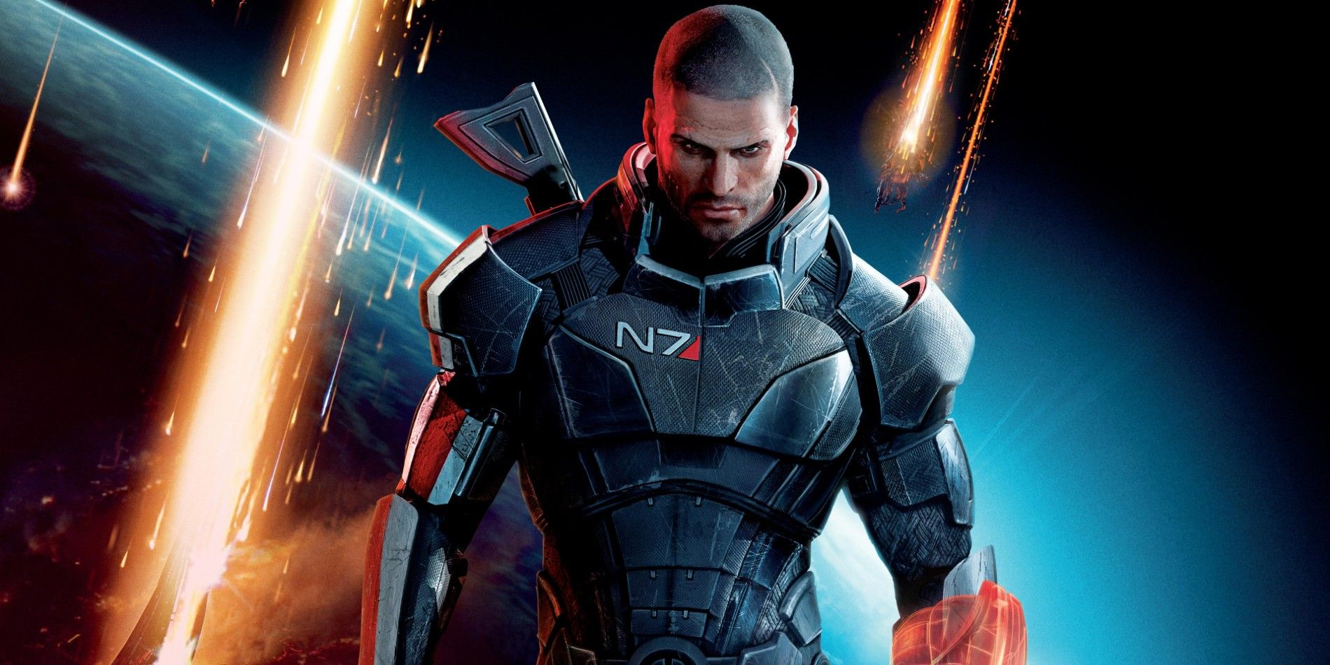 Mass Effect 3 cover art featuring the default male Commander Shepard.