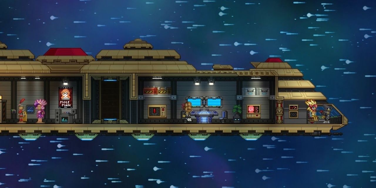 Spaceship in Starbound traveling through space