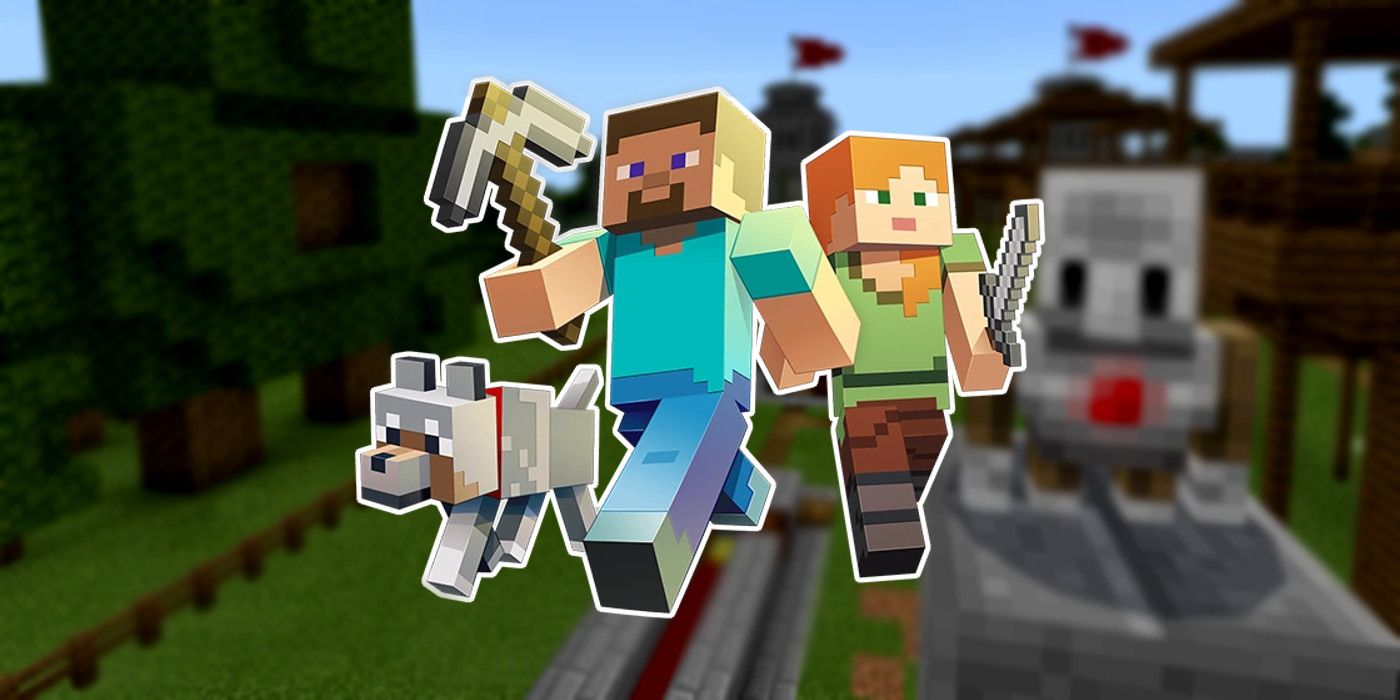 Los personajes de Minecraft Steve, Alex y un lobo frente a un fondo borroso de Minecraft: Education Edition