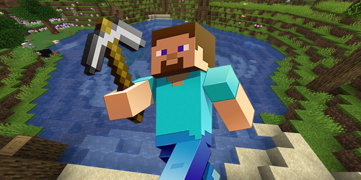 Minecraft Steve in front of a screenshot of an in-game lake
