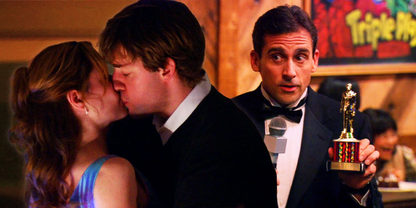 Jenna Fischer and John Krasinski as Pam and Jim kissing while Michael Scott (Steve Carell) looks at them shocked in The Office