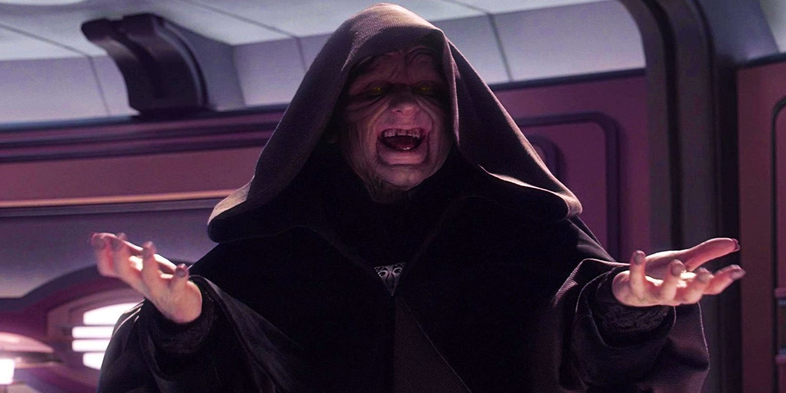 Palpatine cackling in Revenge of the Sith with his hands raised