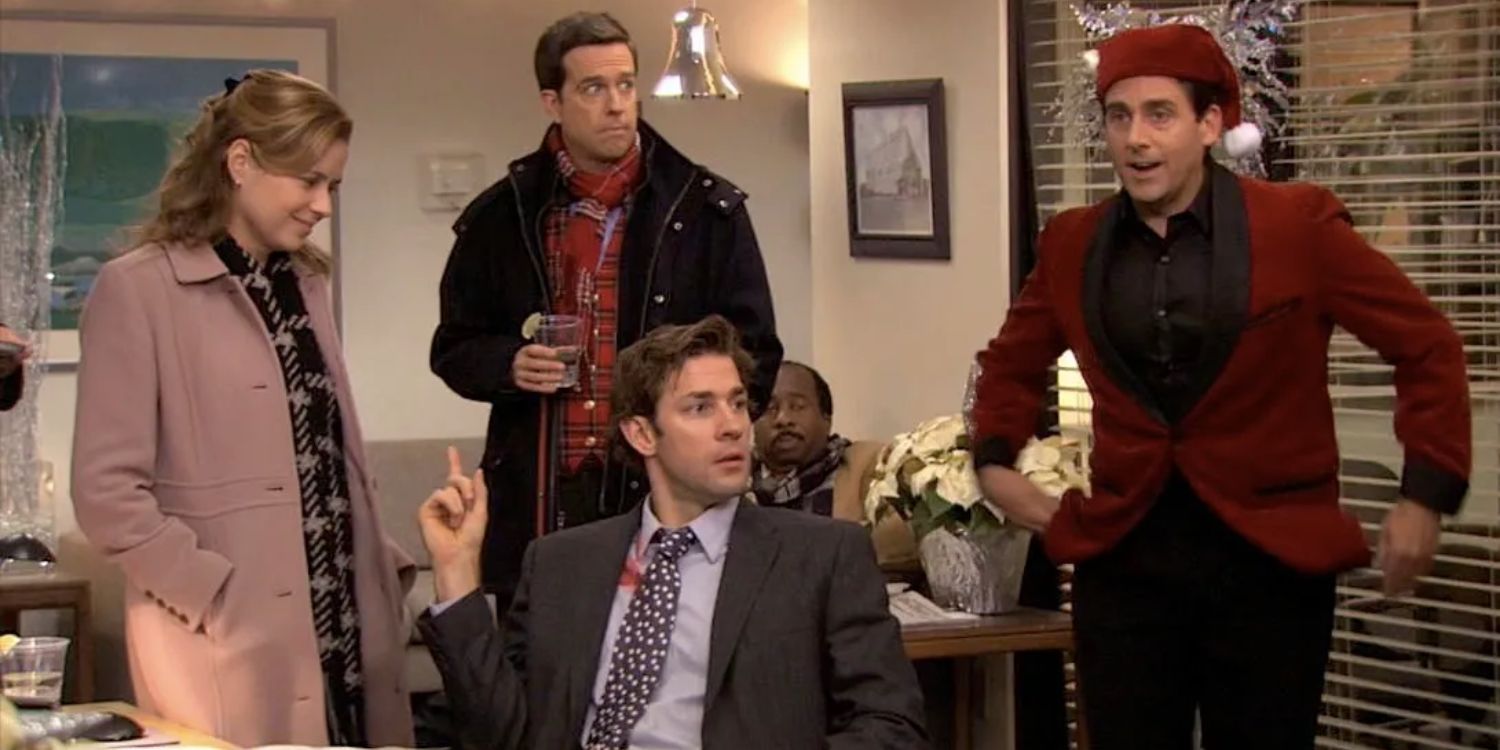 Pam, Andy, Jim, and Michael in “Classy Christmas” (S7, E11-12) of The Office