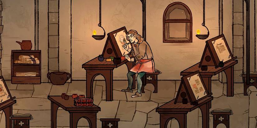 Image of Andreas Maler, Pentiment's protagonist, working at his painting desk.