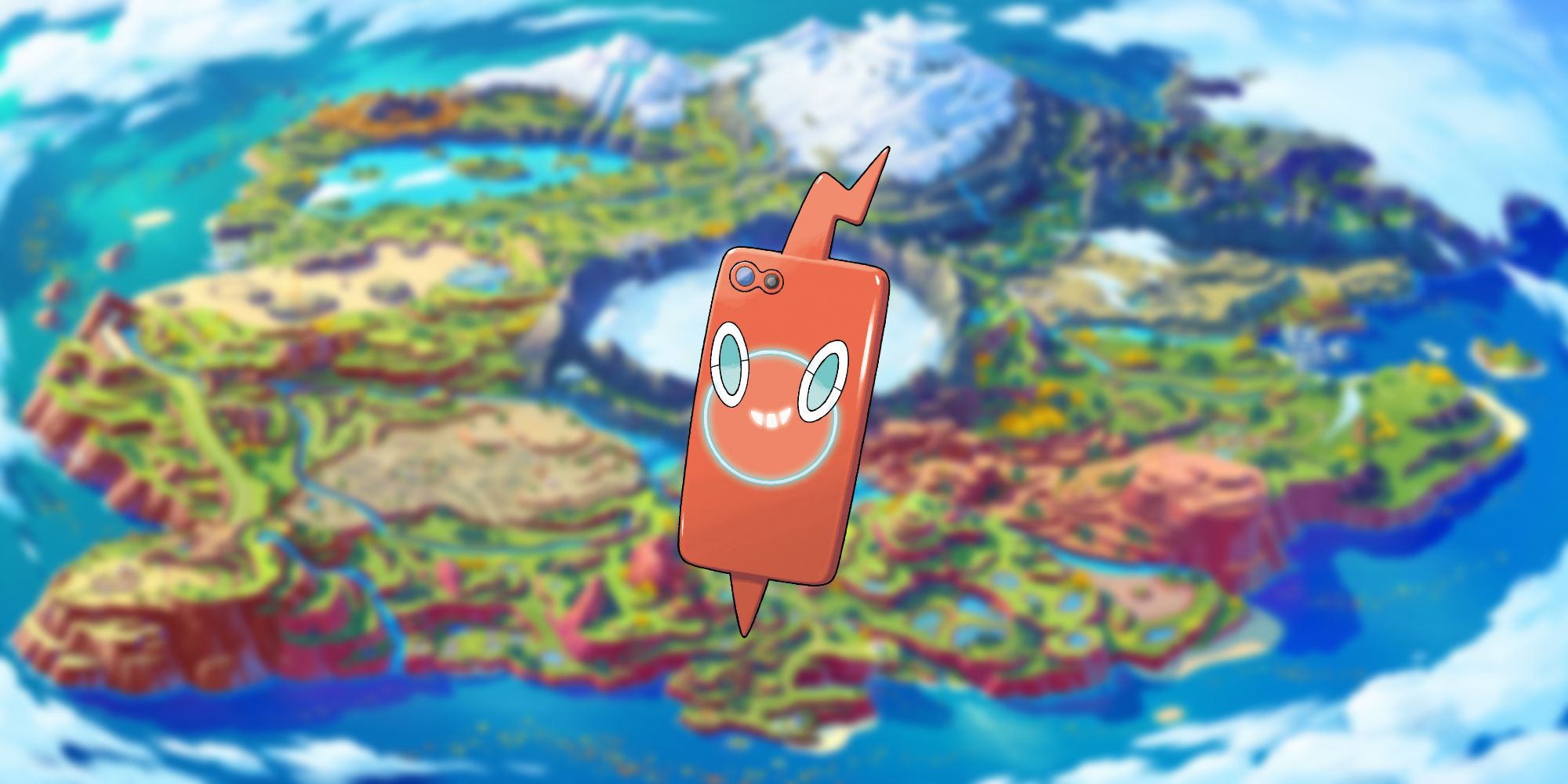 Pokémon Scarlet And Violet's Rotom Phone Pokédex in front of an overhead view of Paldea.