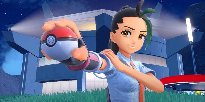Nemona at the Paldea Pokémon League in Pokémon Scarlet & Violet arm outstretched with Poke ball in hand