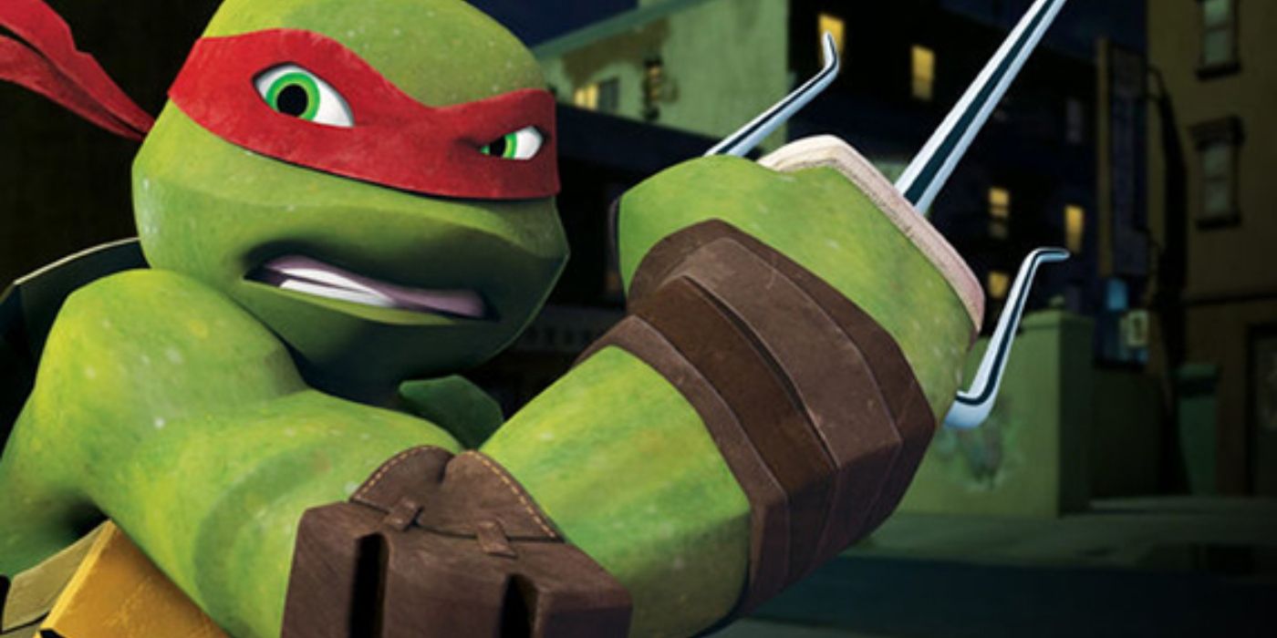 Raphael holding up his arm and looking serious in Teenage Mutant Ninja Turtles