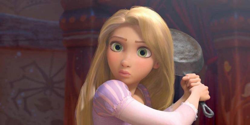 Rapunzel holding her frying pan in Tangled.