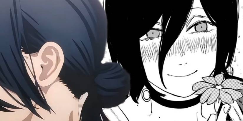 Резе из манги *Chainsaw Man*, держащая цветок и улыбающаяся рядом со своей аниме-версией.