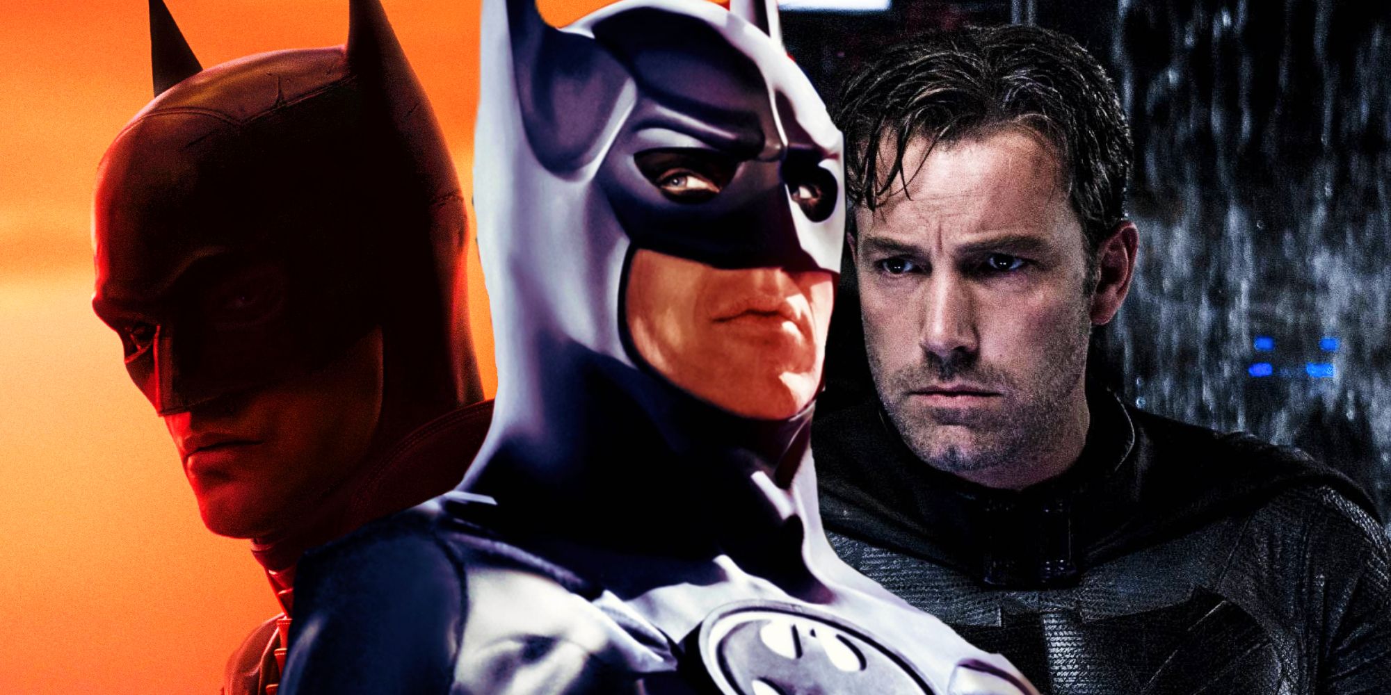 Robert Pattinson, Michael Keaton, and Ben Affleck as Batman