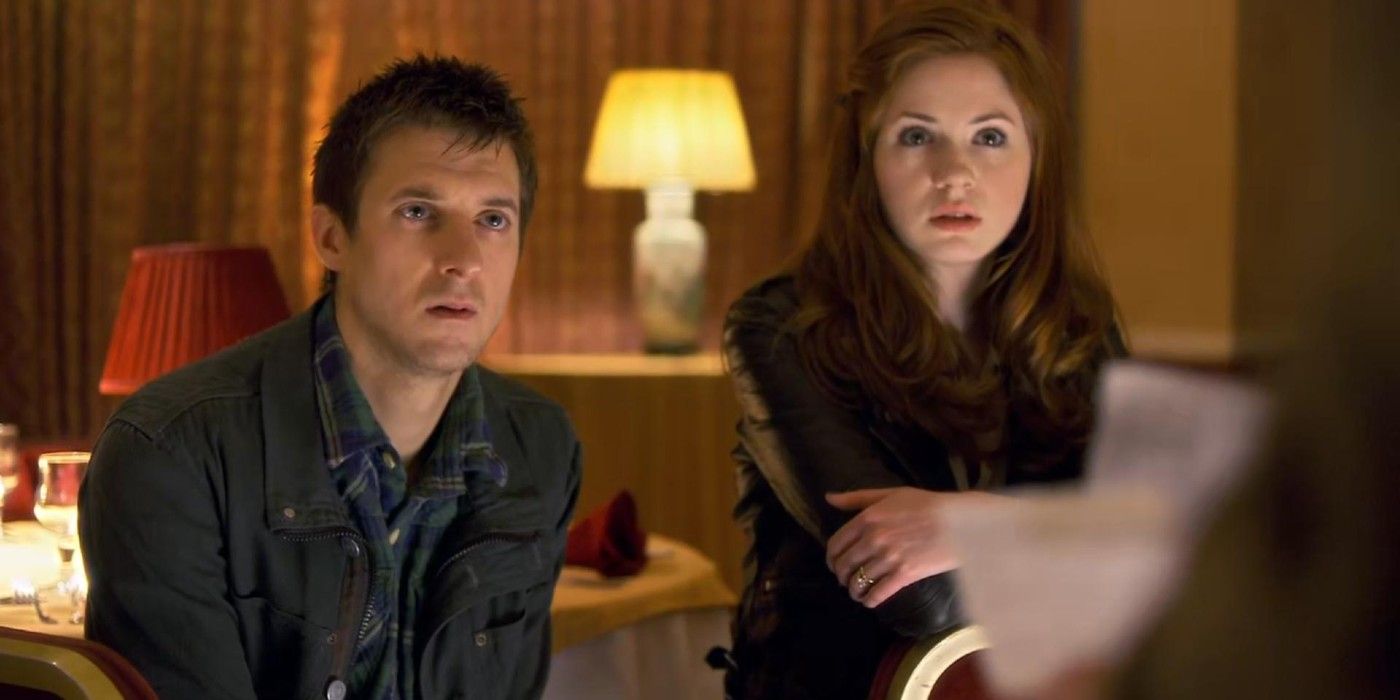 Rory and Amy listening to the Doctor in the Doctor Who episode The God Complex