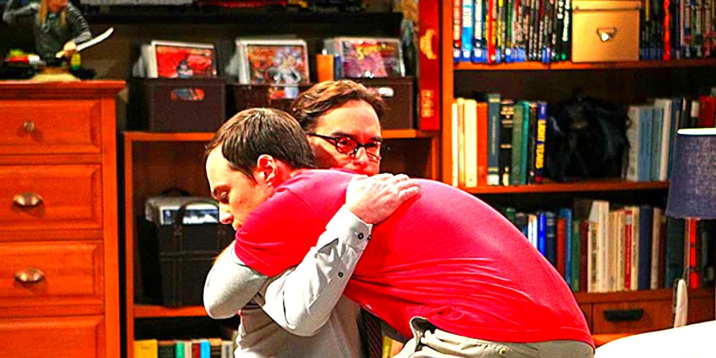 Sheldon hugs Leonard in The Big Bang Theory