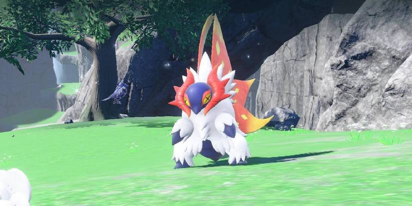 Pokemon Scarlet's Slither Wing Paradox Pokemon in Battle with a Tandemaus or Maushold.